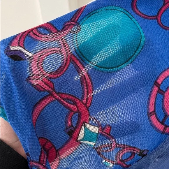 SCARF Blue Sheer Bias Cut Two Tone Blue Circles Pom Poms Ruffle Artsy Casual - Picture 8 of 12